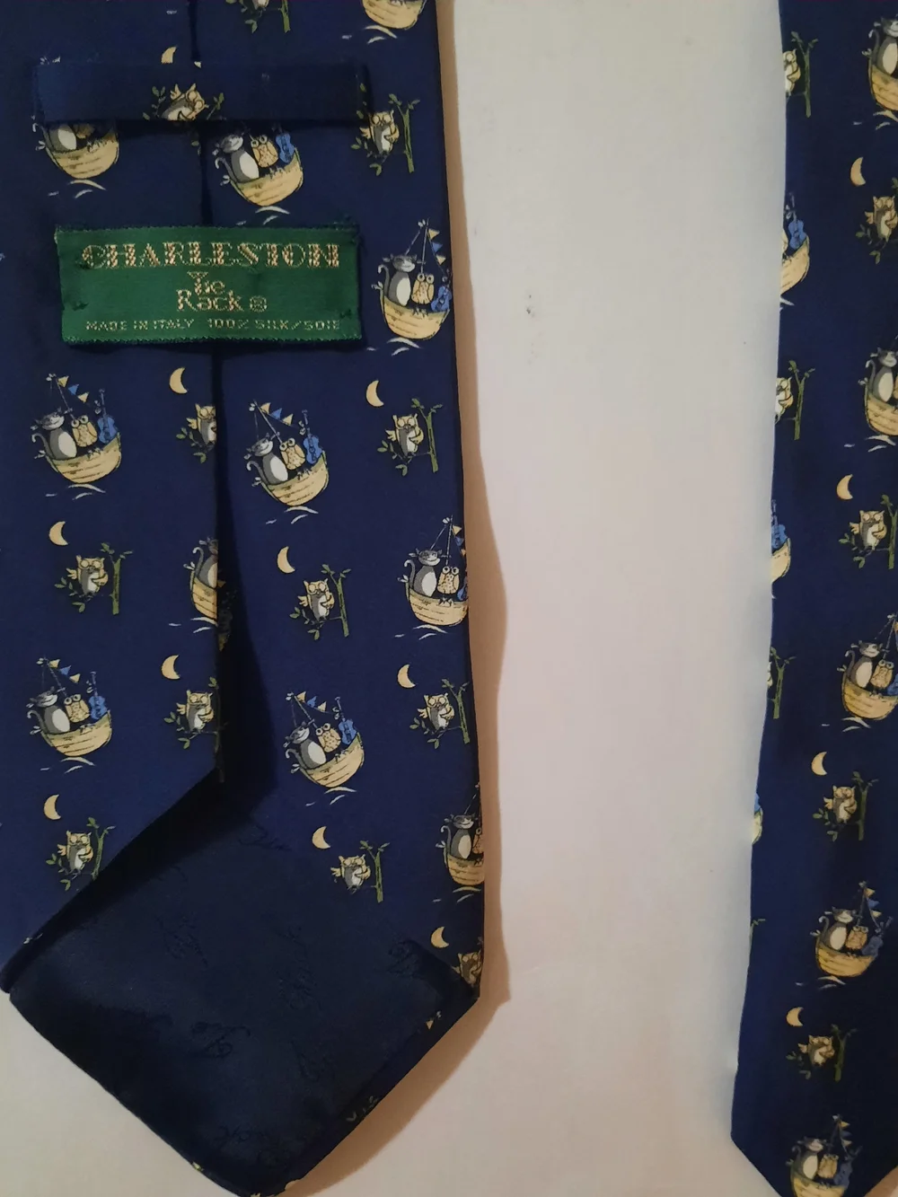 Charleston Tie Rack Navy Blue 100% Silk Whimsical Owl & Moon Print Men's Tie